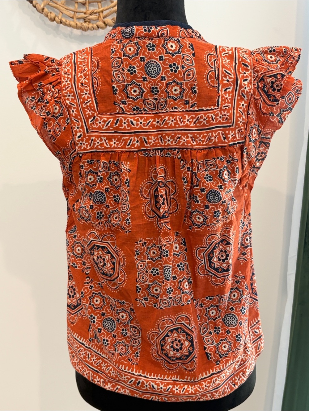 Faherty Orange Printed Tie-Neck Flutter Sleeve Top - Picture 3 of 4